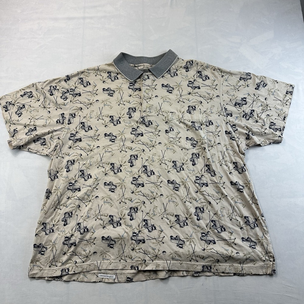 Grand Slam Tour Polo Shirt Mens XXL Golf Cart Print Short Sleeve Cotton Beige